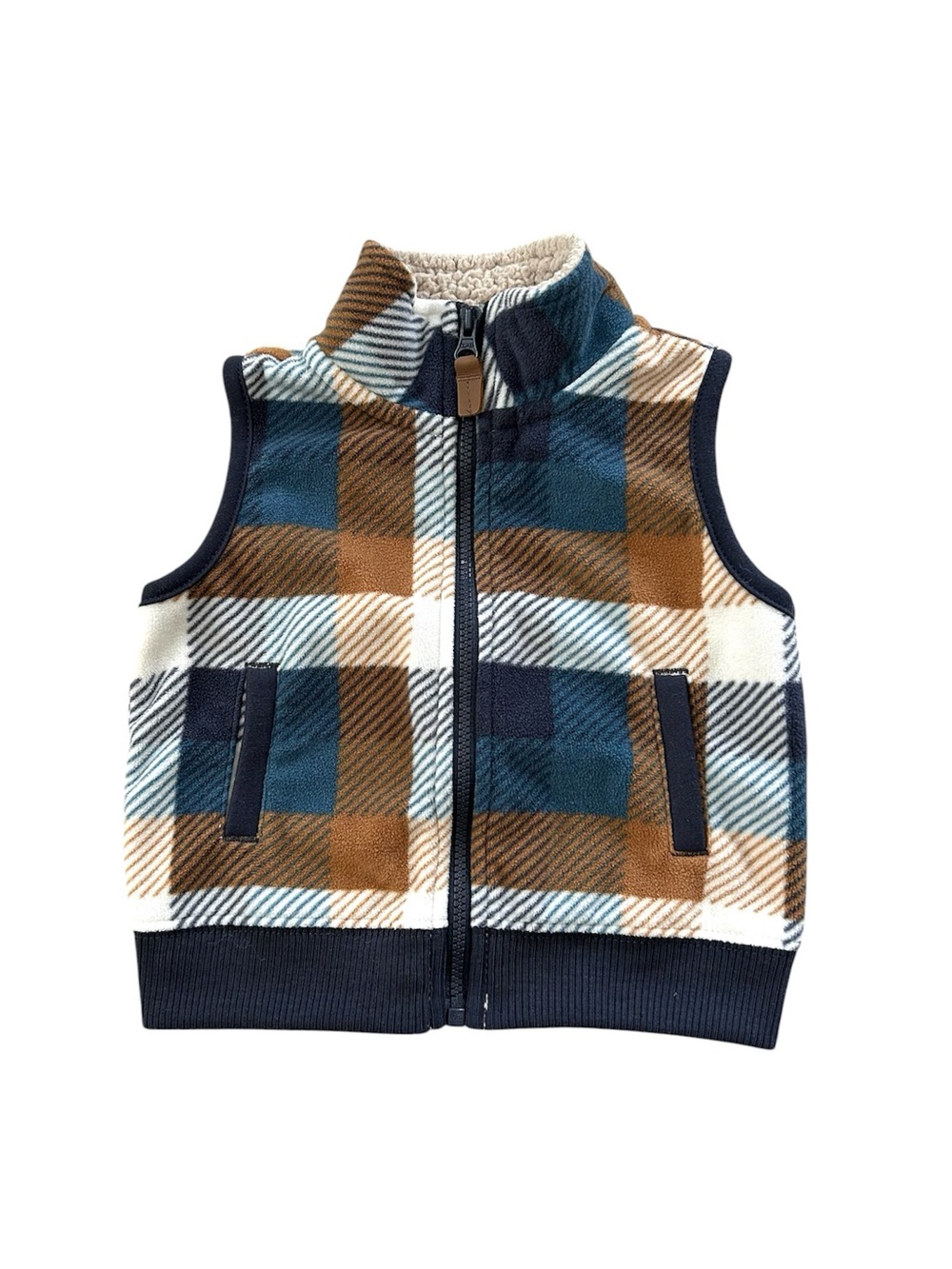Carter's Plaid Fleece Zip-Front Vest in Blue, Brown & Cream, size 6mo